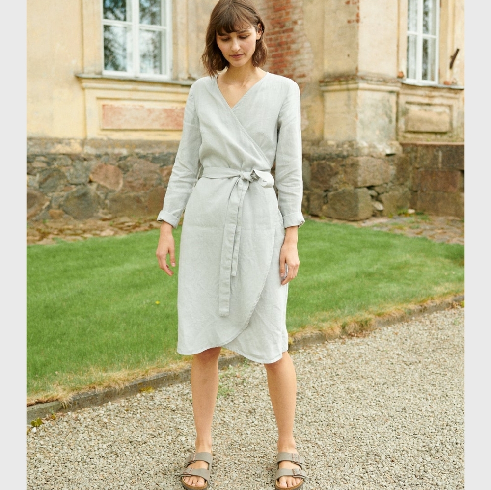 Pale green Linenfox Etsy handmade  linen wrap dress
